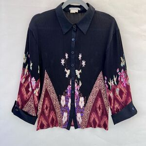 Alberto Makali Women's Black Floral‎ Pleated Long Sleeve Button Up Blouse Medium